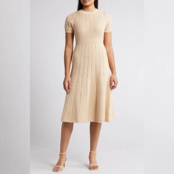 Zoe & Claire Cream Fit & Flare Short Sleeve Midi Sweater Dress - Picture 3 of 15